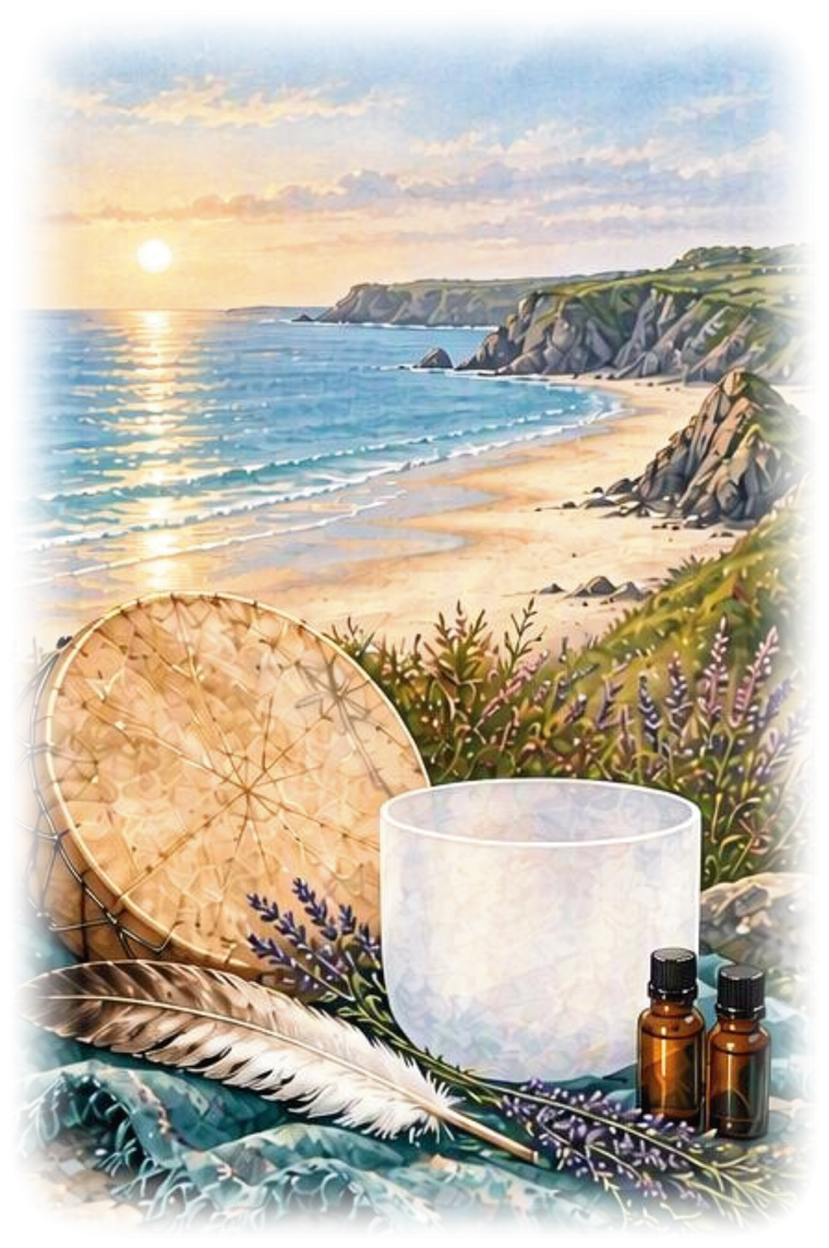 Painted view of a Swansea bay beach at sunset with a shamanic drum, crystal singing bowl, feather, lavender and essential oils